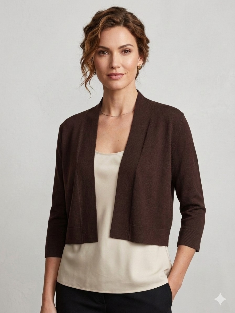 Calvin Klein Women's Dark Brown Open-Front Cardigan, Cropped Short Bolero Style